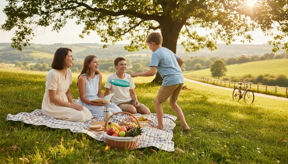 Family enjoying outdoor activity without screens, promoting healthy habits