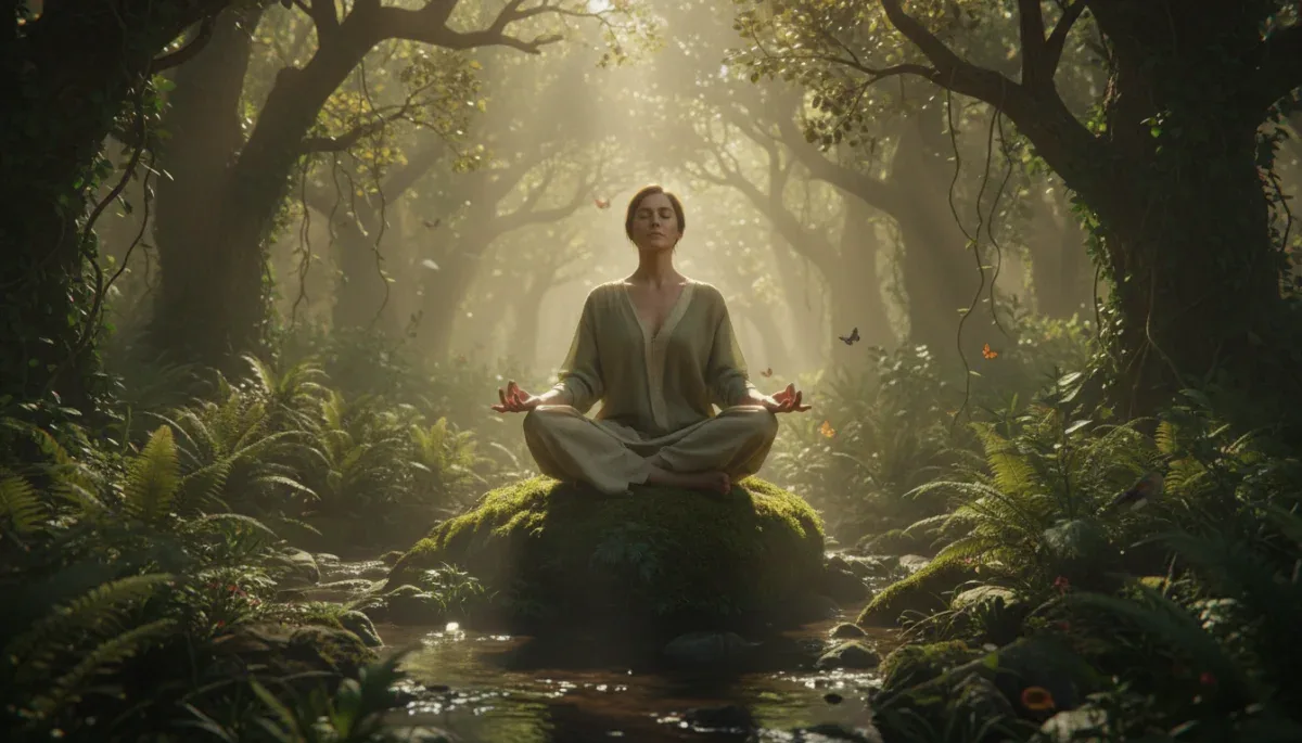 Person meditating peacefully in nature, representing stress reduction