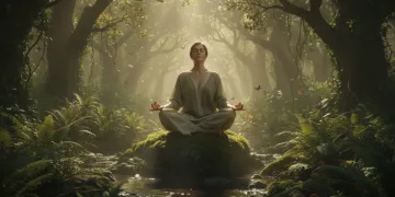 Person meditating peacefully in nature, representing stress reduction