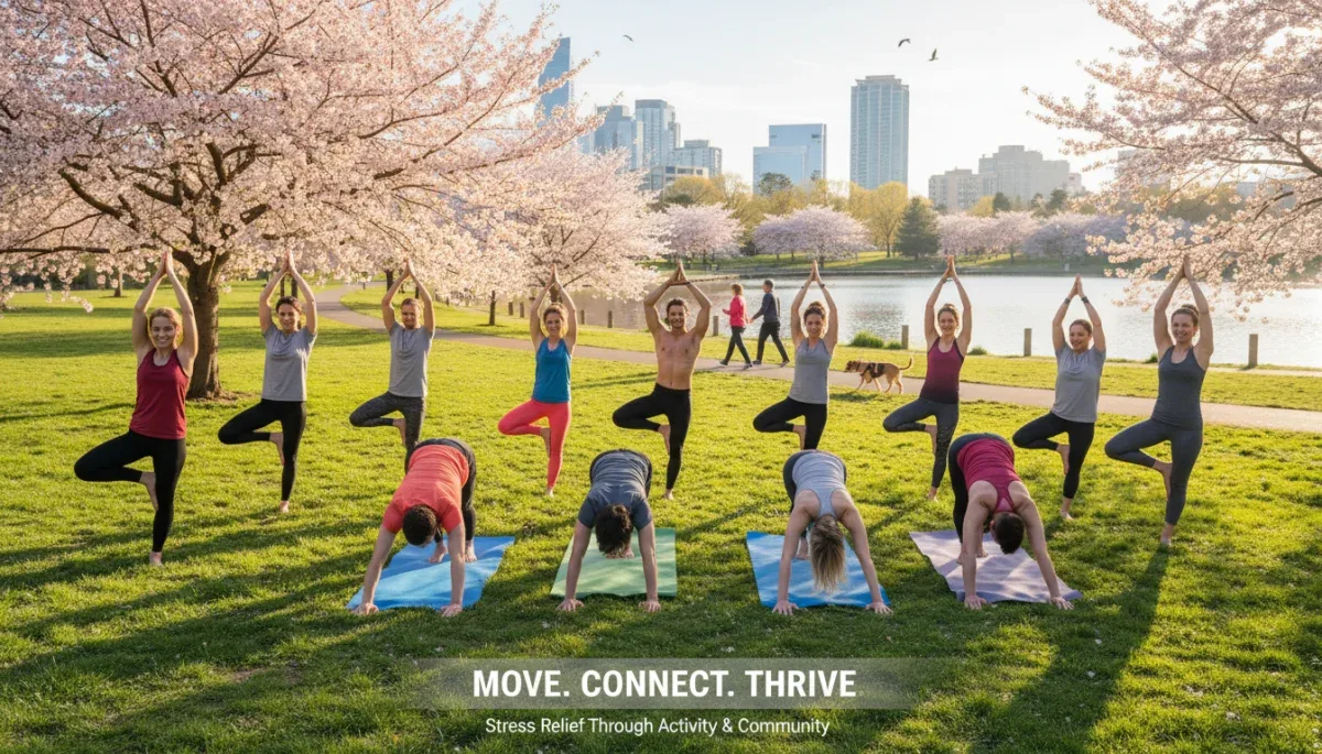 Diverse group exercising outdoors, promoting stress relief
