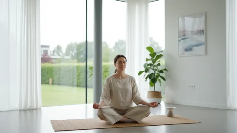 Person meditating in a bright, serene room, focusing on mental wellness