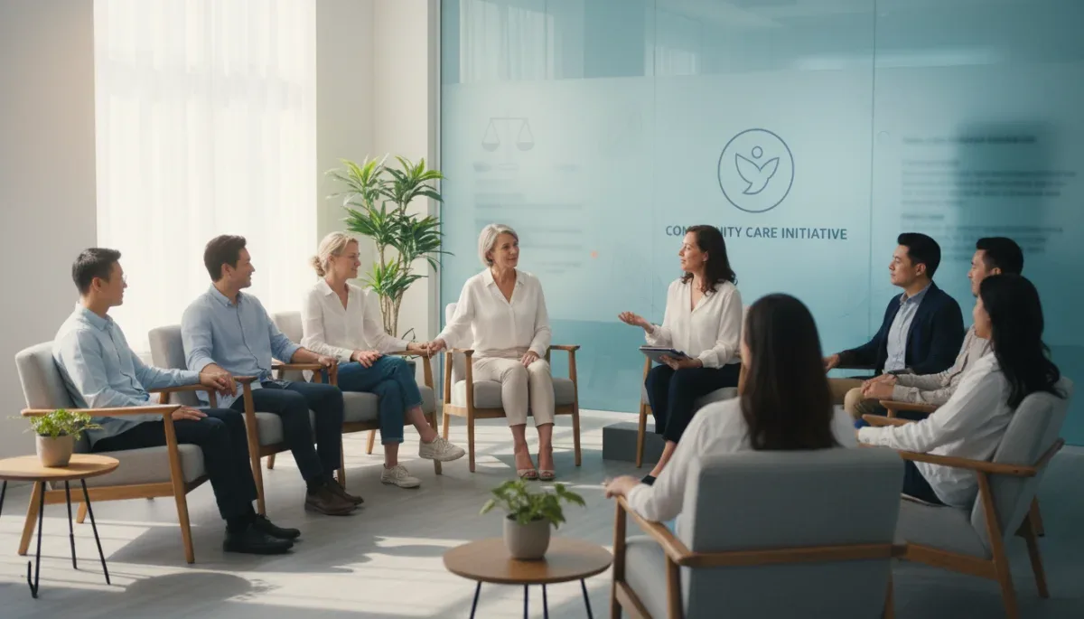 Group therapy session showing diverse individuals receiving mental health support