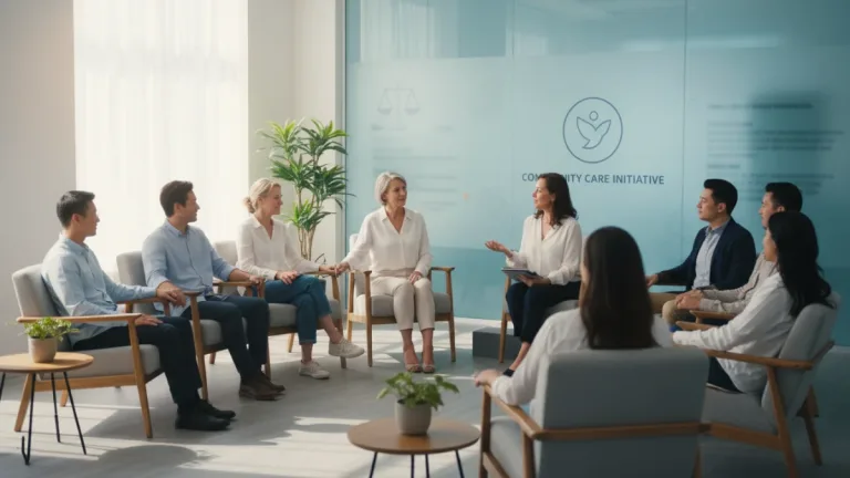 Group therapy session showing diverse individuals receiving mental health support