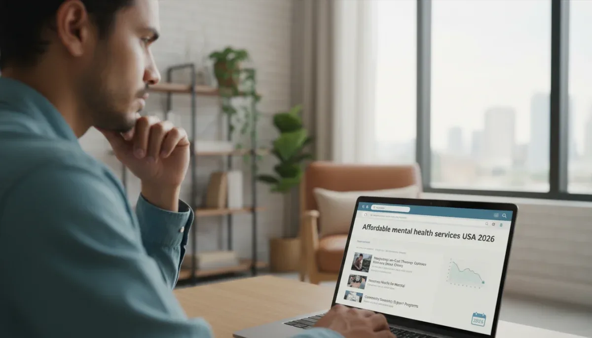 Person researching affordable mental health care options online in 2026