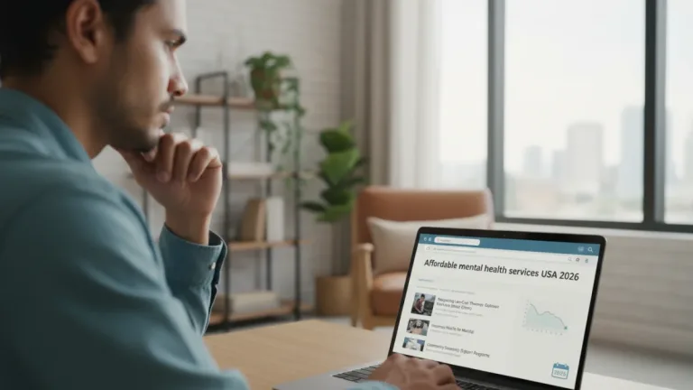 Person researching affordable mental health care options online in 2026
