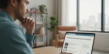 Person researching affordable mental health care options online in 2026