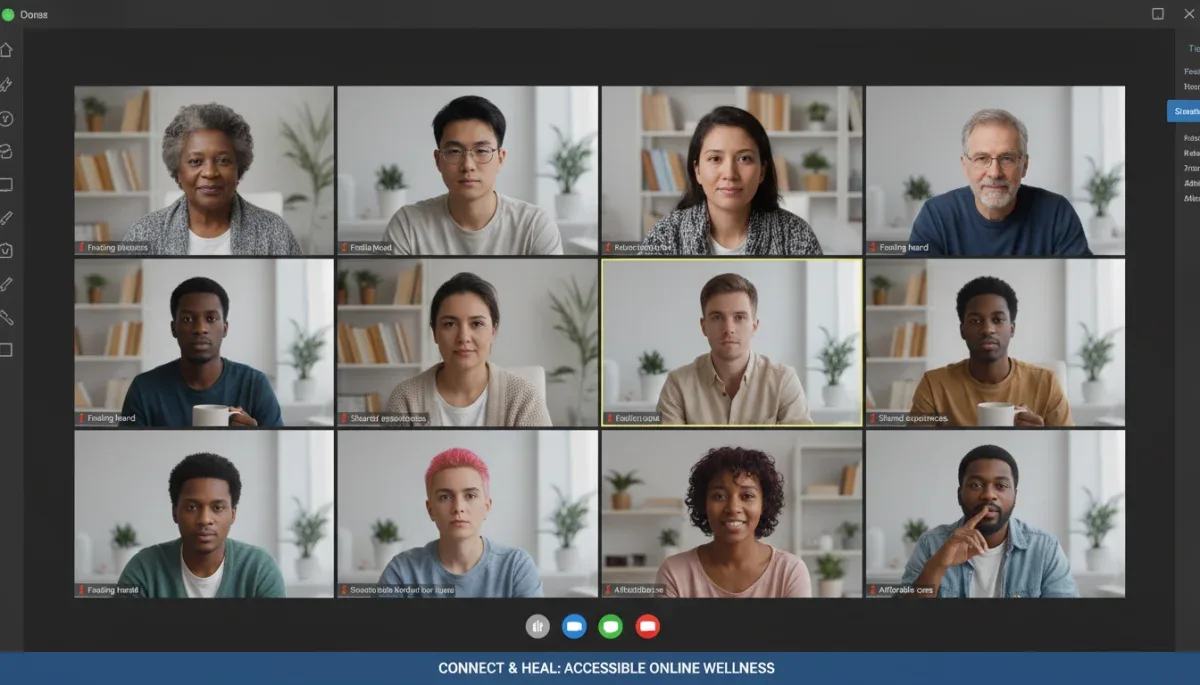 Group of diverse individuals engaging in an online therapy session for mental health support