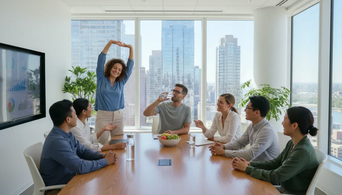 Refreshed U.S. office workers collaborating, promoting healthy work environments