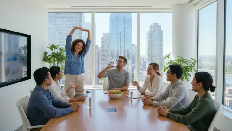 Refreshed U.S. office workers collaborating, promoting healthy work environments