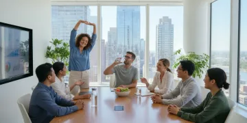 Refreshed U.S. office workers collaborating, promoting healthy work environments