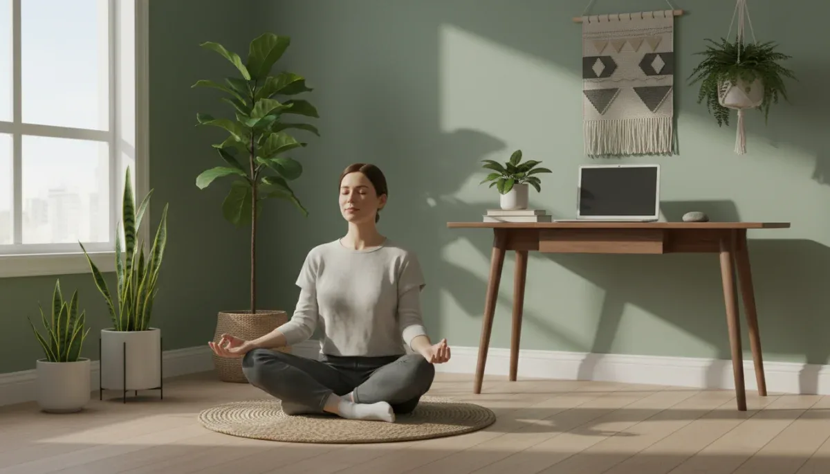 Person meditating in a calm home office, promoting mindfulness at work