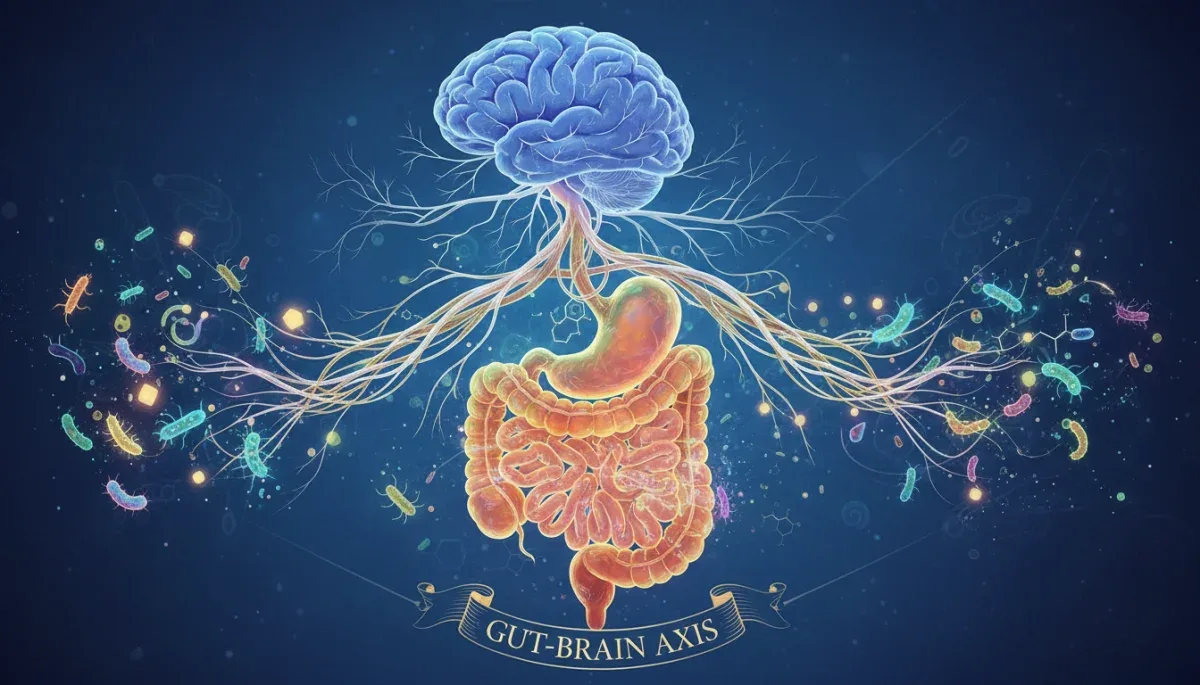 Illustration of the gut-brain axis demonstrating the communication between gut microbiota and the brain.