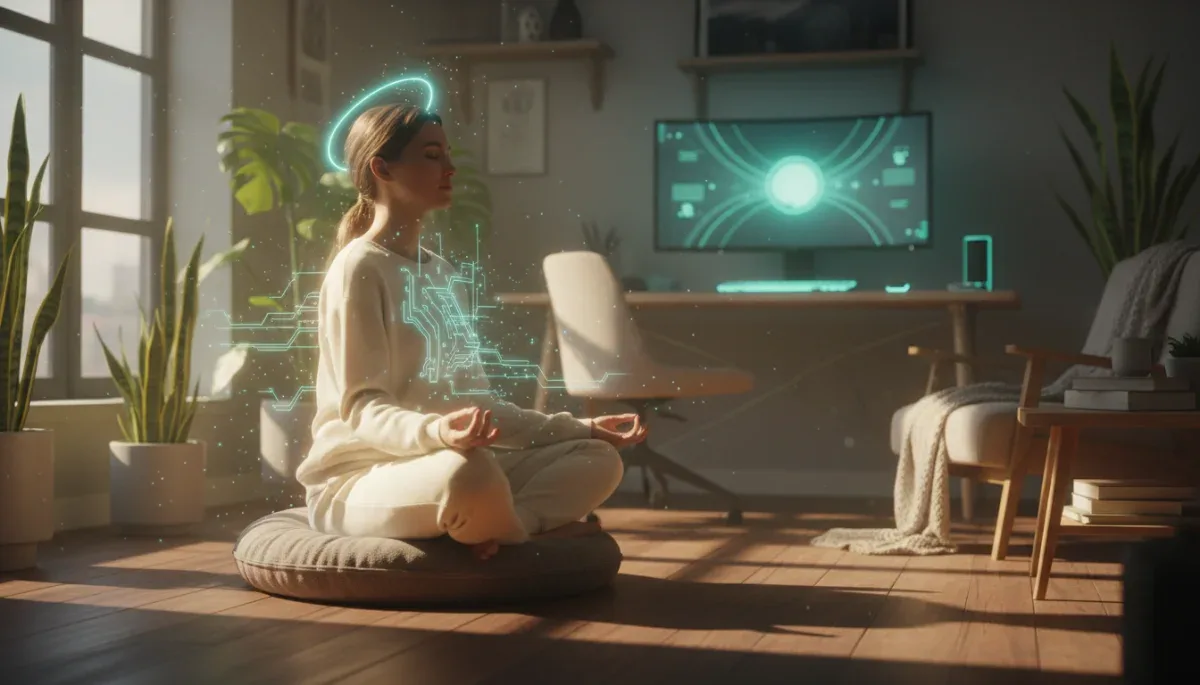 Person meditating calmly, surrounded by a subtle digital glow, in a modern US home setting