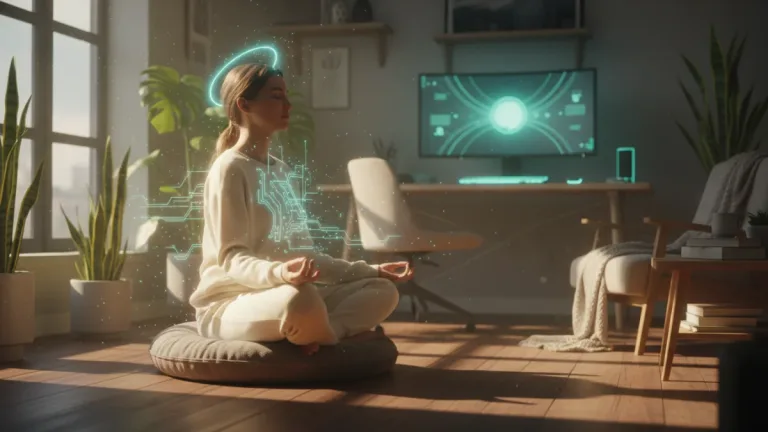 Person meditating calmly, surrounded by a subtle digital glow, in a modern US home setting
