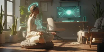 Person meditating calmly, surrounded by a subtle digital glow, in a modern US home setting