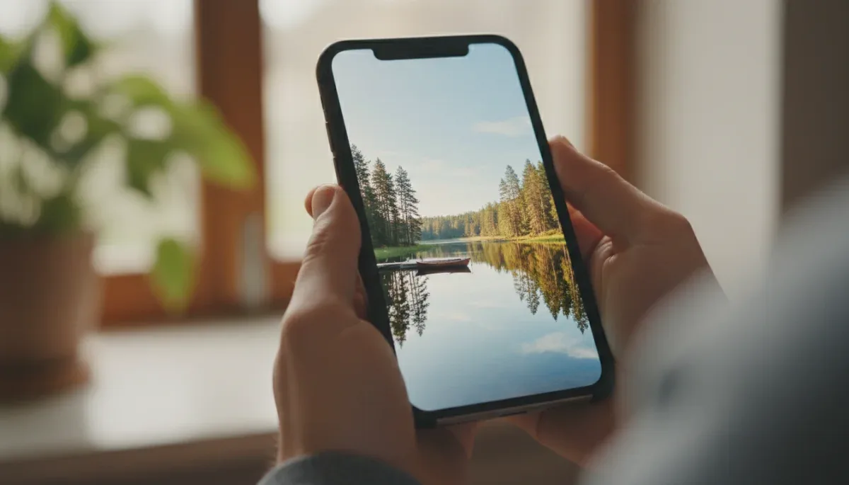 Hands holding a smartphone displaying a serene nature image, symbolizing mindful tech use