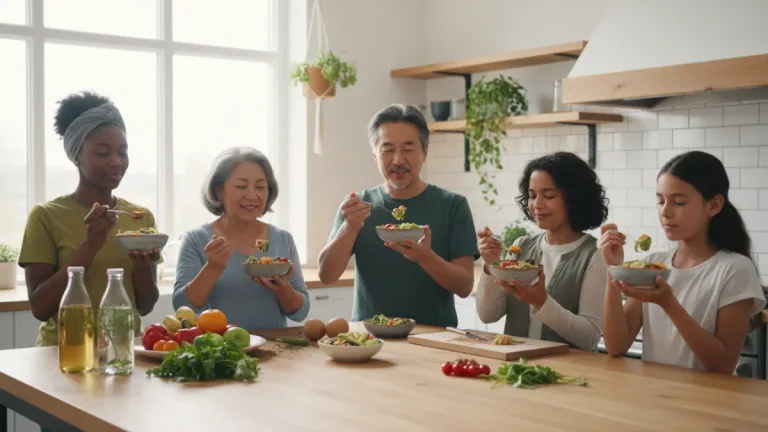 Diverse Americans practicing mindful eating with healthy food