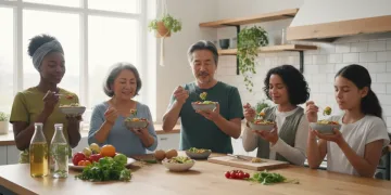 Diverse Americans practicing mindful eating with healthy food