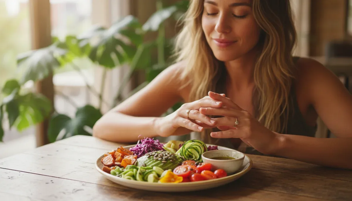 Individual engaging in reflective mindful eating practice
