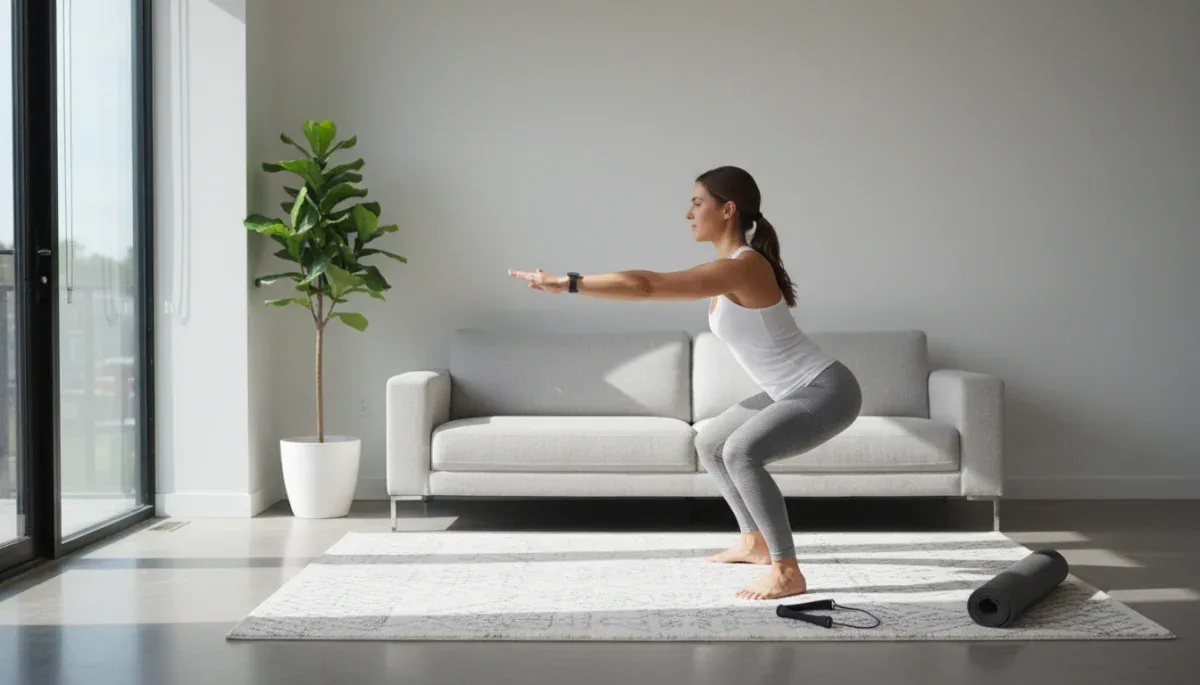 Woman doing bodyweight squat in a bright home gym