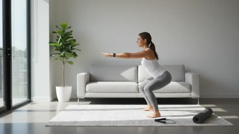 Woman doing bodyweight squat in a bright home gym