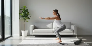 Woman doing bodyweight squat in a bright home gym