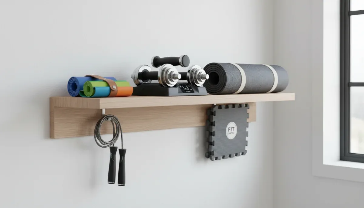 Compact home fitness equipment organized on a shelf