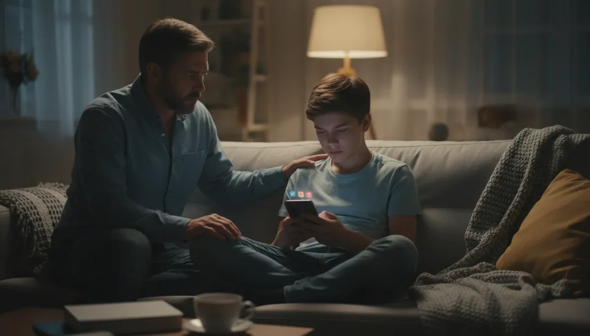 Parent observing teen using social media on smartphone, expressing concern
