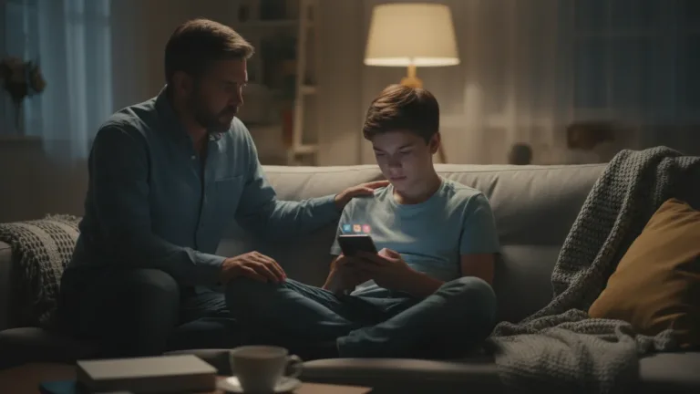 Parent observing teen using social media on smartphone, expressing concern