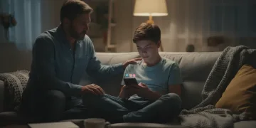 Parent observing teen using social media on smartphone, expressing concern