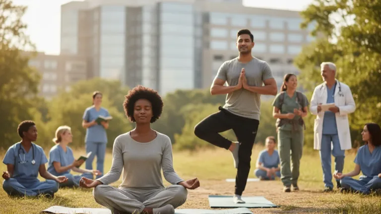 Healthcare professionals practicing self-care for burnout prevention in 2026
