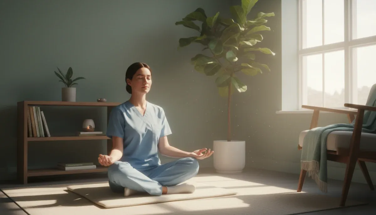 Healthcare worker practicing mindfulness to reduce stress and prevent burnout