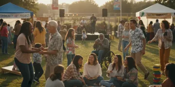 Diverse US adults connecting at a vibrant community event, symbolizing belonging