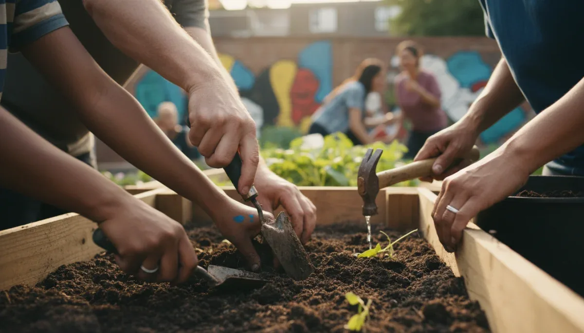 Diverse hands collaborating on a shared community project, symbolizing unity