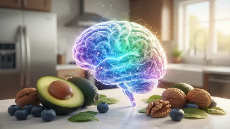Colorful superfoods surrounding a glowing brain, symbolizing enhanced mental clarity and cognitive function through nutrition.
