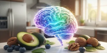 Colorful superfoods surrounding a glowing brain, symbolizing enhanced mental clarity and cognitive function through nutrition.