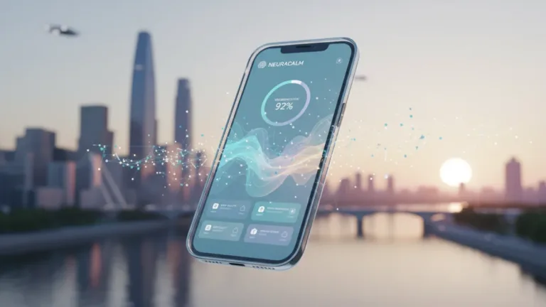 Futuristic mental health app interface on smartphone