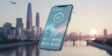 Futuristic mental health app interface on smartphone