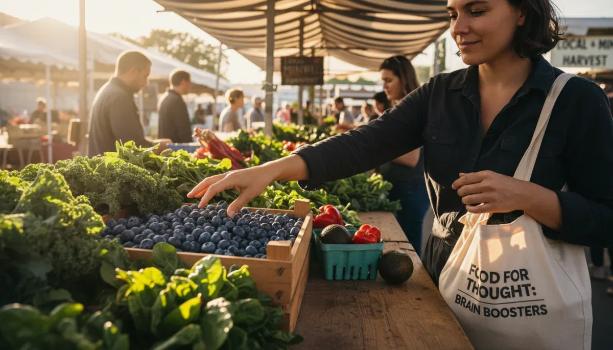Person choosing fresh blueberries and leafy greens at a market, promoting mindful eating for cognitive health.