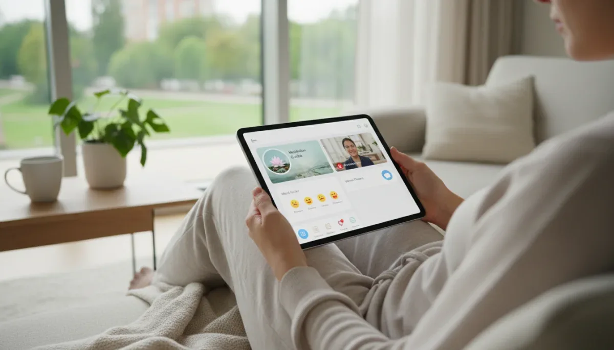 Individual using a mental wellness app on a tablet for therapy and mood tracking