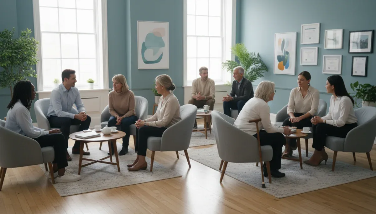 Diverse individuals engaging in therapy sessions with professional therapists in a modern office.