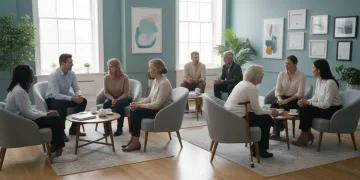 Diverse individuals engaging in therapy sessions with professional therapists in a modern office.