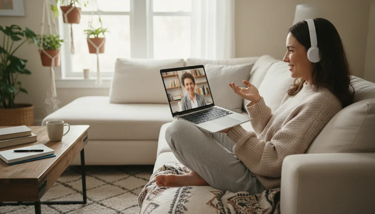 Person on sofa having a telehealth therapy session on a laptop at home.