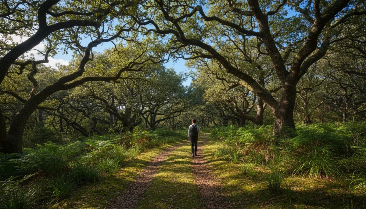 Serene forest path with dappled sunlight, lush trees, and clear sky, promoting mental calm.