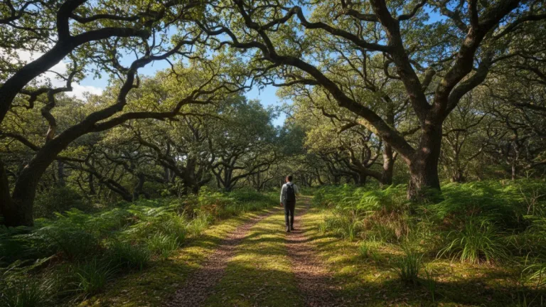 Serene forest path with dappled sunlight, lush trees, and clear sky, promoting mental calm.