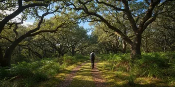 Serene forest path with dappled sunlight, lush trees, and clear sky, promoting mental calm.