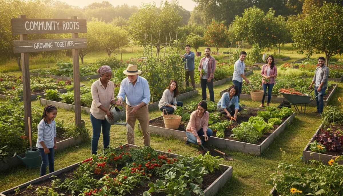 Diverse community gardening together, fostering connection and mental wellness outdoors.