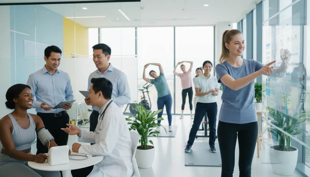 Group of diverse people undergoing modern preventive health screenings in a bright clinic.