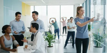 Group of diverse people undergoing modern preventive health screenings in a bright clinic.