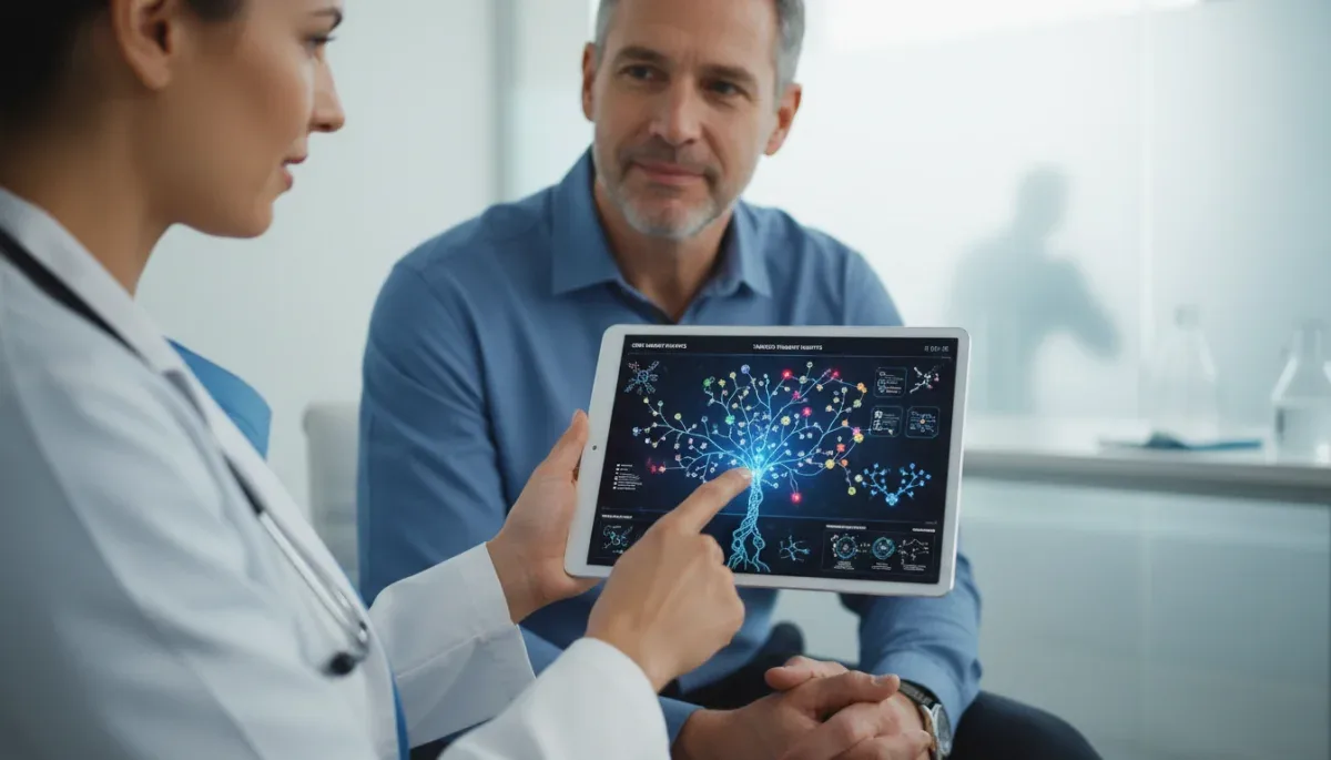 Doctor explaining personalized genomic sequencing results to a patient.